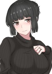 Rule 34 | 1girl, black hair, black sweater, blunt bangs, breasts, brown eyes, closed mouth, commentary request, hair bun, hand up, highres, jewelry, ken (shutenndouji1), large breasts, light smile, long sleeves, looking at viewer, original, ribbed sweater, ring, short eyebrows, simple background, sleeves past wrists, solo, sweater, thick eyebrows, turtleneck, turtleneck sweater, wedding ring, white background