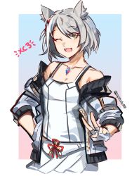 Rule 34 | 1girl, absurdres, animal ears, breasts, cat ears, chest jewel, graysheartart, highres, jacket, mio (xenoblade), red ribbon, ribbon, skirt, small breasts, solo, tank top, white jacket, white skirt, white tank top, xenoblade chronicles (series), xenoblade chronicles 3, yellow eyes