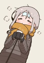Rule 34 | 1girl, blush, closed eyes, cold pack, cup, down jacket, gloves, grey hair, highres, holding, holding cup, jacket, long hair, long sleeves, lying, mug, on back, original, scarf, sick, sleeping, solo, steam, takurada, thick eyebrows