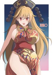 Rule 34 | 1girl, animal print, bare shoulders, belt, bird print, blonde hair, blue background, blush, border, bow, bowtie, breasts, character name, chinese clothes, crescent, gradient background, grey hat, hair between eyes, hat, highres, junko (touhou), large breasts, long hair, mature female, multicolored background, open mouth, phoenix crown, pink background, pom pom (clothes), red belt, red eyes, red vest, sei (kaien kien), smile, solo, standing, tabard, touhou, vest, white border, yellow bow, yellow bowtie