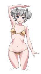 Rule 34 | 1girl, alternate costume, armpits, bikini, blue eyes, breasts, commentary, cropped legs, english commentary, gold bikini, grey hair, i-36 (kancolle), kantai collection, navel, short hair, simple background, small breasts, solo, swimsuit, tamu (mad works), twintails, white background