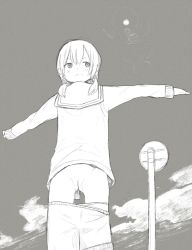 Rule 34 | cleft of venus, closed mouth, clothes pull, exhibitionism, gluteal fold, greyscale, looking to the side, miyako (naotsugu), monochrome, original, outdoors, outstretched arms, public indecency, pussy, school uniform, serafuku, sidelocks, sketch, sky, solo, spread arms, standing, tagme, two side up, wardrobe error