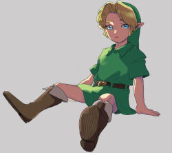 Rule 34 | 1boy, arm support, belt, blonde hair, blue eyes, boots, brown belt, brown footwear, child, commentary request, full body, green hat, green tunic, grey background, hat, link, looking at viewer, nintendo, parted lips, simple background, sitting, solo, the legend of zelda, the legend of zelda: ocarina of time, yamori (yamoooon21), young link
