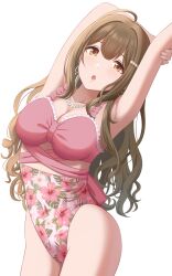 Rule 34 | 1girl, ahoge, arms up, bikini, blush, breasts, brown eyes, brown hair, casual one-piece swimsuit, cleavage, collarbone, contamination (contami0813), earrings, floral print, frilled bikini, frills, groin, hair ornament, hair over shoulder, highres, idolmaster, idolmaster shiny colors, jewelry, kuwayama chiyuki, large breasts, long hair, looking at viewer, one-piece swimsuit, open mouth, solo, stretching, swimsuit, thighs, wavy hair