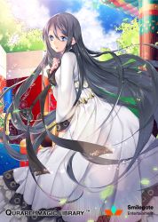 Rule 34 | 1girl, black hair, blue eyes, blue sky, braid, cloud, copyright name, day, dress, hair rings, looking at viewer, mirunai, official art, outdoors, qurare magic library, sky, solo, standing, tree, very long hair, watermark, white dress