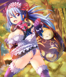 Rule 34 | 1girl, ass, blue eyes, blue hair, breasts, cleavage, elbow gloves, fox, frilled thighhighs, frills, garter straps, gloves, large breasts, long hair, looking at viewer, maid, matching hair/eyes, one eye closed, ooyama kina, open mouth, original, outdoors, panties, pantyshot, sangoku infinity, smile, solo, thighhighs, underwear