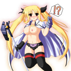 Rule 34 | 00s, 1girl, bardiche (nanoha), blonde hair, blush, breasts, cape, fate testarossa, gloves, johnny (from scratch), long hair, lyrical nanoha, mahou shoujo lyrical nanoha, nipples, panties, red eyes, solo, thighhighs, topless, twintails, underwear, very long hair