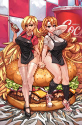 Rule 34 | 2girls, absurdly long hair, apron, arm behind head, artist name, black footwear, black socks, blonde hair, blush, bottle, bottomless, breasts, burger, collared shirt, cup, curvy, earrings, employee uniform, eyelashes, fast food uniform, food, french fries, highres, holding, holding bottle, holding hands, in food, interlocked fingers, jewelry, junkpuyo, ketchup, ketchup bottle, kneehighs, large breasts, long hair, looking at viewer, mini person, minigirl, multiple girls, name tag, no pants, open mouth, original, paper, polo shirt, red eyes, red shirt, shirt, shoes, short sleeves, sitting, sitting on object, smile, sneakers, socks, stud earrings, tan, taut clothes, thick thighs, thighhighs, thighs, tile wall, tiles, uniform, very long hair, white legwear, white shirt, yellow eyes
