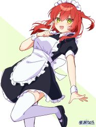 Rule 34 | 1girl, :d, apron, black dress, black footwear, blush, bocchi the rock!, breasts, dress, floating hair, foot out of frame, frilled apron, frilled dress, frilled headwear, frills, green eyes, hair between eyes, hand up, highres, hoshinose, index finger raised, kita ikuyo, leg up, long hair, looking at viewer, maid, maid apron, maid headdress, medium breasts, one side up, open mouth, outstretched arm, red hair, shoes, short sleeves, simple background, smile, solo, standing, standing on one leg, thighhighs, two-tone background, watermark, white thighhighs, wrist cuffs