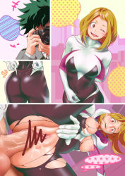 Rule 34 | 10s, 1boy, 1girl, ;d, ass, blush, bodysuit, bodysuit pull, boku no hero academia, breasts, breasts out, brown eyes, brown hair, camera, censored, clitoris, close-up, clothed sex, collarbone, cosplay, covered navel, from below, green hair, hetero, hip focus, hood, looking at viewer, lower body, marvel, medium breasts, midoriya izuku, nipples, one eye closed, open mouth, penis, pointless censoring, pov, pubic hair, pussy, pussy juice, roro, school uniform, sex, skin tight, skindentation, smile, spider-gwen, spider-gwen (cosplay), spread legs, star (symbol), star print, taking picture, teeth, testicles, thought bubble, torn bodysuit, torn clothes, uraraka ochako, vaginal