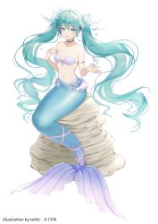 Rule 34 | 1girl, aqua hair, bare shoulders, bikini, bikini top only, blue eyes, breasts, choker, clam shell, collarbone, floating hair, flower, full body, hair between eyes, hair ribbon, hatsune miku, highres, long hair, looking at viewer, mermaid, monster girl, musical note, navel, parted lips, purple flower, ribbon, scales, sidelocks, simple background, sitting, small breasts, solo, star (symbol), stomach, swimsuit, tokki, twintails, very long hair, vocaloid, water drop, wavy hair, white background