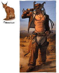 Rule 34 | 1boy, absurdres, animal, artist self-insert, beard, belt, boots, bullet, bush, caracal, chaps, commentary, cowboy, cowboy boots, cross, cross necklace, dusk, earrings, english commentary, facial hair, fang, flock, fringe trim, full body, grass, gun, handgun, hat, highres, holding, holding gun, holding weapon, holster, jacket, jewelry, leather, leather jacket, looking to the side, mountainous horizon, mustache, navel, necklace, no shirt, original, outdoors, personification, reference inset, rinotuna, short hair, sky, spurs, star (sky), thigh holster, weapon, western, white hair