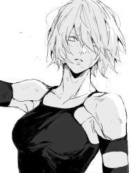 Rule 34 | 1girl, android, armlet, bare shoulders, black gloves, elbow gloves, gloves, greyscale, hair between eyes, highres, joints, mole, mole under mouth, monochrome, nier:automata, nier (series), nishiii26miii, robot joints, short hair, tank top, white background, a2 (nier:automata)