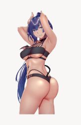 Rule 34 | 1girl, armpits, ass, bare shoulders, bikini, blue eyes, blue hair, bra, breasts, demon girl, gentsuki, horns, long hair, looking at viewer, medium breasts, mini wings, open mouth, panties, pointy ears, ponytail, shachiku succubus no hanashi, sheth (gentsuki), simple background, solo, standing, swimsuit, transparent background, underwear, upper body, wings