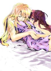 Rule 34 | 2girls, absurdres, bed, blonde hair, breasts, couple, fate testarossa, highres, long hair, looking at another, lying, lyrical nanoha, mahou shoujo lyrical nanoha, mahou shoujo lyrical nanoha strikers, moaning, multiple girls, open mouth, orange hair, simple background, takamachi nanoha, towel, very long hair, white background, yuri
