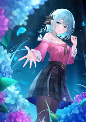 Rule 34 | 1girl, absurdres, bai-hyacinth, bead bracelet, beads, belt, blue eyes, blue hair, blush, bracelet, breasts, cleavage, crescent moon, flower, foreshortening, frills, from below, glowing, hair ribbon, hand up, highres, hydrangea, jewelry, looking at viewer, medium hair, moon, nail polish, off-shoulder sweater, off shoulder, original, outdoors, pantyhose, petals, plaid, plaid skirt, pleated skirt, reaching, reaching towards viewer, ribbon, ring, single bare shoulder, skirt, smile, solo, sweater