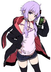 Rule 34 | 1girl, absurdres, adapted costume, ahoge, animal hood, black hoodie, black thighhighs, can, criss-cross halter, denim, denim shorts, drink can, energy drink, feet out of frame, grin, hair ornament, halter shirt, halterneck, hand on own hip, hand up, head tilt, highres, holding, holding can, hood, hood down, hoodie, long sleeves, looking at viewer, monster energy, open clothes, open hoodie, purple hair, purple shirt, rabbit hood, red hoodie, sadamoto hokuto, shirt, short hair with long locks, short shorts, shorts, simple background, smile, solo, thighhighs, two-tone hoodie, vocaloid, voiceroid, white background, yuzuki yukari