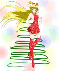 Rule 34 | 1girl, aino minako, anello81, bishoujo senshi sailor moon, blonde hair, blue eyes, boots, bow, breasts, closed mouth, closed mouth smile, dress, female focus, happy, high heel, high heel boots, high heeled boots, high heels, highres, long hair, no bra, overknee boots, red bow, red dress, short dress, smile, solo, star (symbol)