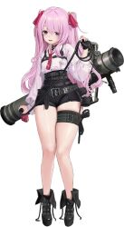 Rule 34 | 1girl, alternate costume, ass, belt, boots, dramz, gloves, goddess of victory: nikke, highres, leotard, leotard under clothes, long hair, necktie, official art, pink hair, purple eyes, rocket, rocket launcher, shirt, simple background, solo, thigh strap, weapon, whip, white shirt, xi xeong, yuni (nikke)