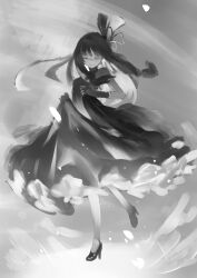 Rule 34 | 1girl, abstract background, absurdres, alternate costume, breasts, closed eyes, closed mouth, dancing, dress, facing viewer, floating hair, frilled dress, frills, gloves, greyscale, hair ribbon, high heels, highres, kotonoha akane, long dress, long hair, low-tied sidelocks, medium breasts, monochrome, no lineart, ribbon, skirt hold, sleeveless, sleeveless dress, smile, solo, standing, standing on one leg, toriatamastudio, voiceroid
