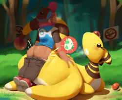 Rule 34 | 1boy, 1girl, ampharos, artist name, ass, ass grab, baseball cap, black eyes, black headwear, black pants, black shirt, blue vest, blush, breath, briefs, brown hair, bush, clothes pull, creatures (company), cum, cum in pussy, day, egg, ejaculation, forehead jewel, forest, from behind, from side, full body, game freak, gem, gen 2 pokemon, grass, hat, hetero, highres, impregnation, leaning forward, legs together, light rays, lilmoonie, looking at another, looking back, looking up, lying, male underwear, male underwear pull, nature, nintendo, on ground, on stomach, open mouth, outdoors, pants, pants pull, poke ball, poke ball (basic), poke ball symbol, pokemon, pokemon (creature), pokemon egg, red footwear, red gemstone, sex, shirt, shoes, short hair, short sleeves, sidelocks, sign, signature, speech bubble, sperm cell, standing, sunlight, sweat, teeth, tiptoes, tongue, tongue out, tree, underwear, vaginal, vest, white male underwear