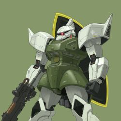 Rule 34 | bmwsb0, gelgoog, glowing, glowing eye, green background, gun, gundam, highres, holding, holding gun, holding weapon, mecha, mobile suit, mobile suit gundam, no humans, one-eyed, red eyes, robot, science fiction, shield, simple background, solo, standing, thrusters, weapon, zeon