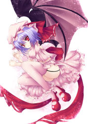 Rule 34 | 1girl, ass, bad id, bad pixiv id, bat wings, blue hair, female focus, fetal position, full body, garter belt, hat, hat ribbon, lying, mary janes, mikan (5555), pink thighhighs, remilia scarlet, ribbon, shoes, short hair, solo, thighhighs, touhou, white background, wings