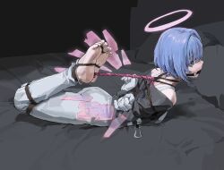 Rule 34 | 1girl, a tea, arknights, ass, ball gag, barefoot, bdsm, blue hair, bondage, bound, bound toes, drooling, gag, highres, hogtie, looking at viewer, on bed, restrained, saliva, shibari, soles, solo, spuria (arknights)