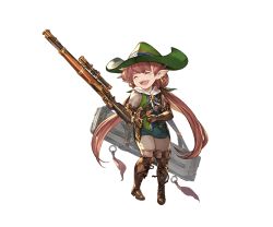 Rule 34 | 10s, 1girl, boots, crying, dagger, earrings, closed eyes, full body, gloves, granblue fantasy, gun, harvin, hat, jewelry, knife, long hair, low twintails, ludmila (granblue fantasy), minaba hideo, official art, open mouth, red hair, rifle, solo, teeth, transparent background, twintails, weapon