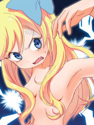 Rule 34 | 1girl, blonde hair, blue bow, blue eyes, blush, bow, breasts, convenient censoring, fangs, hair bow, hair censor, hair over breasts, highres, jashin-chan, jashin-chan dropkick, long hair, nude, open mouth, sat-c, sharp teeth, small breasts, solo, sweat, teeth, upper body