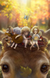 Rule 34 | absurdres, androgynous, animal, autumn leaves, barefoot, blueberry, blurry, blurry background, bottle, bowl, brown eyes, brown hair, bug, butterfly, cake, cake slice, cherub, curly hair, deer, eating, closed eyes, food, fruit, gender request, grey hair, guitar, highres, holding, holding instrument, honey, bug, instrument, leaf, litingting915, original, purple eyes, raspberry, sitting, size difference