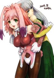 Rule 34 | 2girls, animal ears, blue eyes, breasts, dated, gloves, green eyes, long hair, looking at viewer, multiple girls, open mouth, pantyhose, pink hair, rabbit ears, seraphita (xenogears), silver hair, simple background, smile, tolone (xenogears), twintails, white background, xenogears, yamamori kinako