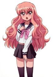 Rule 34 | 00s, artist request, black thighhighs, blush, covering privates, covering crotch, curly hair, fujii masahiro, hand on own chest, long hair, looking at viewer, louise francoise le blanc de la valliere, non-web source, pink eyes, pink hair, ribbon, school uniform, serafuku, simple background, skirt, solo, thighhighs, white background, zero no tsukaima, zettai ryouiki