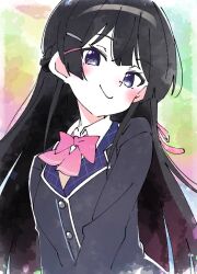 Rule 34 | 1girl, black hair, bow, bowtie, closed mouth, commentary request, ixy, long hair, long sleeves, looking at viewer, nijisanji, pink bow, pink bowtie, purple eyes, school uniform, smile, solo, tsukino mito, tsukino mito (1st costume), upper body, virtual youtuber