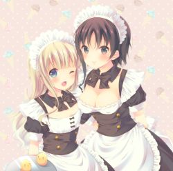 Rule 34 | 10s, 2girls, ;d, apron, arm around waist, arm behind back, bird, black bow, black bowtie, black eyes, black hair, blonde hair, blue eyes, blunt bangs, blush, bow, bowtie, breasts, chick, cleavage, commentary request, cover, detached collar, dress, dvd cover, frilled apron, frills, hagino chiaki, hiiragi mayuki, hinako note, ice cream cone, large breasts, long hair, looking at viewer, maid, maid headdress, march-bunny, multiple girls, official art, one eye closed, open mouth, polka dot, polka dot background, puffy sleeves, short hair with long locks, smile, tray