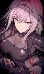 Rule 34 | 1girl, black background, black bodysuit, bodysuit, breasts, closed mouth, from above, gloves, goddess of victory: nikke, haoni, highres, large breasts, long hair, looking at viewer, looking up, purple eyes, scarlet (black shadow) (nikke), scarlet (nikke), simple background, solo, tagme