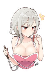 Rule 34 | 1girl, alex (counter:side), apron, bare arms, bare shoulders, breasts, cleavage, closed mouth, collarbone, counter:side, cropped torso, frills, gradient hair, grey hair, hand up, heart, highres, holding, junsuina fujunbutsu, ladle, large breasts, long hair, looking to the side, mole, mole on breast, mole under eye, multicolored hair, naked apron, notice lines, pink apron, red eyes, sidelocks, signature, simple background, solo, white background