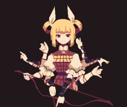 Rule 34 | 1girl, 4qw5, armor, armored dress, arrow (projectile), black background, black eyes, blonde hair, bow (weapon), double bun, expressionless, extra arms, frilled shirt, frilled sleeves, frills, hair bun, hair ribbon, hand up, holding, holding arrow, holding bow (weapon), holding weapon, index finger raised, joutouguu mayumi, looking at viewer, medium hair, pixel art, puffy sleeves, ribbon, shirt, short sleeves, simple background, touhou, vambraces, weapon, white ribbon, white shirt