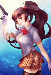 Rule 34 | 1girl, bad id, bad pixiv id, brown hair, gloves, gun, highres, long hair, mw, red eyes, solo, thighhighs, weapon