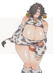 Rule 34 | 1girl, :&lt;, abstract background, absurdres, ahoge, animal ears, animal print, areola slip, barcode, bare shoulders, bell, black hair, blue eyes, blush, breasts, cleavage, cleavage cutout, closed mouth, clothing cutout, collar, cow ears, cow girl, cow print, cow tail, dated, detached sleeves, ear tag, feet out of frame, furrowed brow, glasses, grid background, hair over one eye, hand on own thigh, heart, highres, holding tail, horns, huge filesize, indie virtual youtuber, kneehighs, large breasts, leaning forward, long sleeves, looking at viewer, muroku-chan (muroku), muroku (aimichiyo0526), name tag, neck bell, no bra, no nose, plump, safety pin, semi-rimless eyewear, shadow, shiny skin, signature, skindentation, socks, solo, standing, tail, tareme, thick eyebrows, thick thighs, thigh strap, thighs, under-rim eyewear, underbust, virtual youtuber, white background