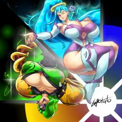 Rule 34 | 2girls, ;d, absurdres, amazon pandora, armored leotard, arms (game), blue hair, breasts, cleavage, dr. coyle, female focus, green hair, hair between eyes, heart, highres, kid icarus, kid icarus uprising, la potato, large breasts, long hair, makeup, multiple girls, nintendo, one eye closed, open mouth, purple eyes, smile, tagme, thick thighs, thighs, tongue, tongue out, wide hips, wink