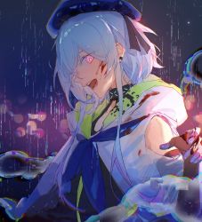 Rule 34 | 1boy, androgynous, arknights, blood, blue hair, blue hat, bow, candy (pixiv15231759), cloak, glitch, hat, highres, jellyfish, looking to the side, male focus, mizuki (arknights), pale skin, purple eyes, ribbon, trap