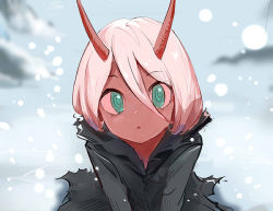 Rule 34 | 10s, 1girl, :o, child, colored skin, darling in the franxx, day, green eyes, hair between eyes, horns, long hair, looking at viewer, oni, oni horns, open mouth, outdoors, red skin, robe, silver hair, sishenfan, sitting, snow, snowing, solo, spoilers, straight hair, tareme, upper body, wariza, zero two (darling in the franxx)