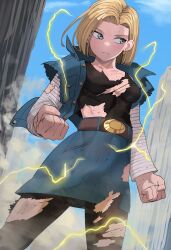 Rule 34 | 1girl, android 18, belt, belt buckle, black pantyhose, black shirt, blonde hair, blue eyes, blue skirt, blue vest, breasts, brown belt, buckle, cleavage, clenched hands, cowboy shot, denim, denim skirt, denim vest, dirty, dirty clothes, dirty face, dragon ball, dragonball z, dust, earrings, electricity, highres, jewelry, jourd4n, looking to the side, medium breasts, outdoors, pantyhose, parted bangs, shirt, skirt, solo, striped sleeves, torn clothes, vest, wardrobe malfunction