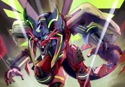Rule 34 | android, artist request, borreload dragon, claws, dragon, duel monster, flying, full body, glowing, glowing eyes, highres, horns, looking at viewer, mecha, mechanical wings, no humans, robot, sharp teeth, spikes, tail, teeth, wings, yellow eyes, yu-gi-oh!