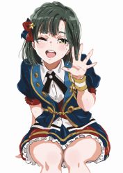 Rule 34 | 10s, 1girl, blue hair, blush, breasts, highres, idolmaster, idolmaster million live!, looking at viewer, nanao yuriko, nekoi mie, open mouth, royal starlet (idolmaster), short hair, simple background, sitting, sketch, smile, solo, tears, waving, white background, yellow eyes