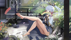 Rule 34 | 1girl, absurdres, arm guards, armor, ayaka (genshin impact), barefoot, biandu youdushi, blue eyes, blue hair, blue skirt, blunt bangs, branch, breastplate, bush, cherry blossoms, covering own mouth, falling petals, feet, floating hair, folding fan, foot up, full body, genshin impact, hair ornament, hair ribbon, hakama, hakama short skirt, hakama skirt, hand fan, highres, holding, holding fan, japanese clothes, legs, light blue hair, long hair, looking at viewer, outdoors, panties, pantyshot, petals, ponytail, ribbon, sidelocks, sitting, skirt, solo, tress ribbon, underwear, vambraces, water, wet, white panties