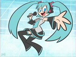 Rule 34 | 1girl, aqua hair, aqua necktie, bare shoulders, black skirt, black sleeves, black thighhighs, blue eyes, cartoonized, detached sleeves, eyelashes, full body, grey shirt, hair ornament, hatsune miku, headphones, highres, holding, holding microphone, lolwutburger, long hair, looking at viewer, microphone, miniskirt, necktie, outstretched arm, patterned background, pleated skirt, shirt, signature, skirt, sleeveless, sleeveless shirt, smile, solo, standing, thick outlines, thighhighs, toon (style), twintails, very long hair, vocaloid, white background, zettai ryouiki
