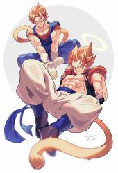 Rule 34 | 2boys, abs, black footwear, blonde hair, blue eyes, blue sash, blurry, boots, closed mouth, dated, depth of field, dougi, dragon ball, dragonball z, earrings, gloves, gogeta, grey background, halftone, halo, highres, jewelry, looking at viewer, looking to the side, male focus, metamoran vest, monkey tail, multiple boys, muscular, muscular male, pants, pectoral cleavage, pectorals, potara earrings, sash, serious, sitting, smirk, super saiyan, super saiyan 1, tail, twitter username, two-tone background, vegetto, white background, white footwear, white gloves, white pants, zero-go