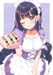 Rule 34 | 1girl, absurdres, alternate breast size, alternate costume, apron, black hair, blue eyes, breasts, choker, commentary request, corset, cowboy shot, delicious party precure, dress, food, framed breasts, highres, hiiragi syuu, kasai amane, maid headdress, medium breasts, one eye closed, precure, purple background, purple choker, purple dress, sandwich, solo, sparkle hair ornament, tray, two-tone background, waitress, white background
